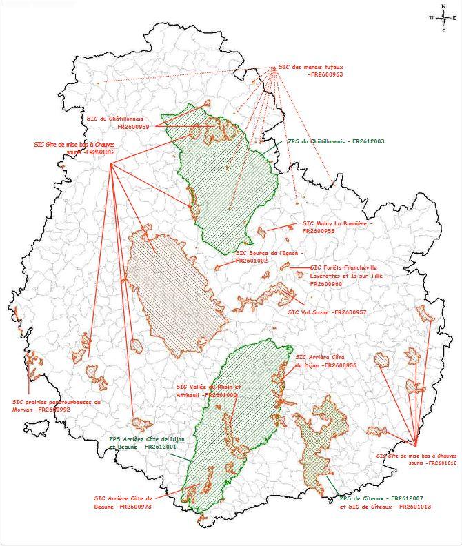 Localisation des sites Natura 2000 en Côte-d'Or