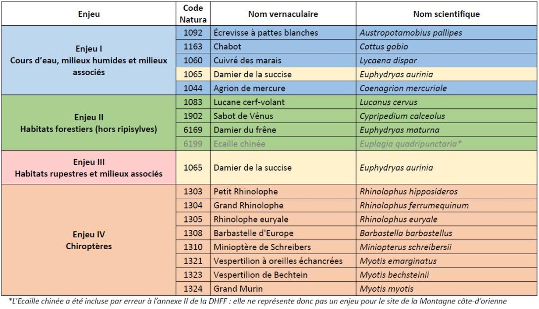 Tableau espèces d'intérêt communautaire